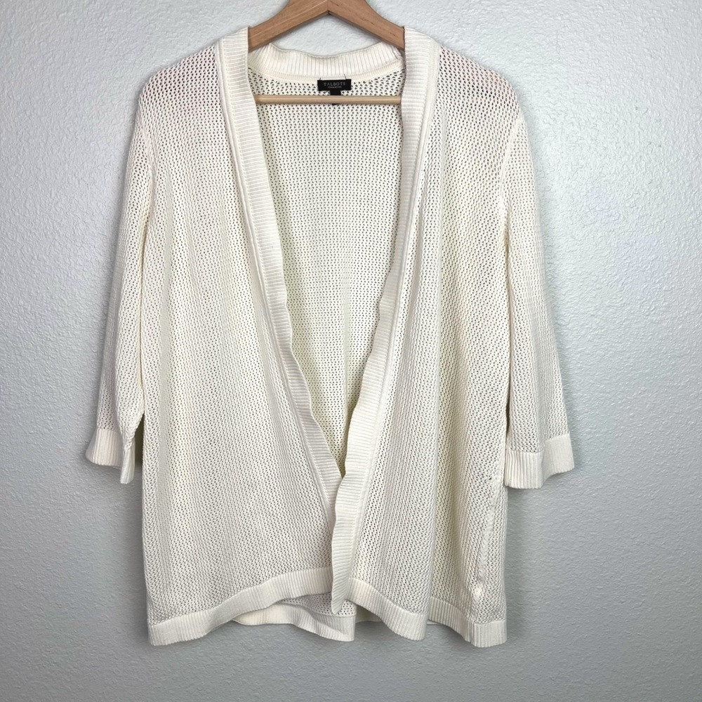 Talbots Woman Petite 2XP Cream Cotton Open Knit Mesh Cardigan 3/4 Sleeve Sweater